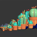 Cartoon Scene With Teal Cacti Cute Animals And Orange Flower Pots