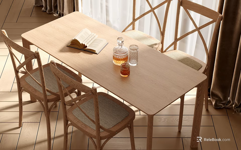 Rustic Wooden Dining Table Set With Woven Seats Open Book And Glass Decanter 3d model 