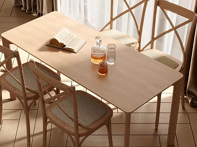 Rustic Wooden Dining Table Set With Woven Seats Open Book And Glass Decanter 3d model