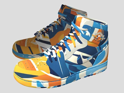Colorful High Top Sneakers With Artistic Blue Orange White Pattern And Trendy Laces Design 3d model