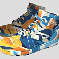 Colorful High Top Sneakers With Artistic Blue Orange White Pattern And Trendy Laces Design