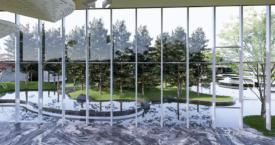 Modern Garden Landscape View Through Glass Windows With Lush Trees Lawn And Water Pond Reflections 3d model 