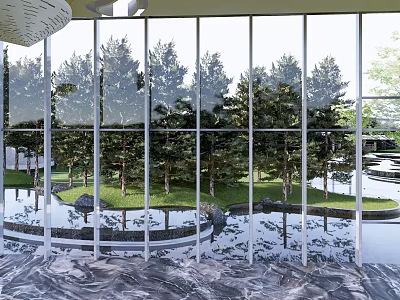 Modern Garden Landscape View Through Glass Windows With Lush Trees Lawn And Water Pond Reflections 3d model