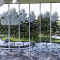Modern Garden Landscape View Through Glass Windows With Lush Trees Lawn And Water Pond Reflections