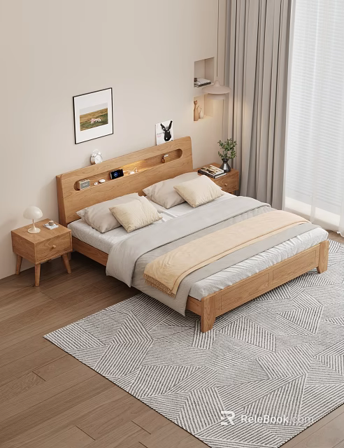 Wooden Double Bed with Headboard Nightstands Cozy Bedding and Window Curtains in Modern Bedroom 3d model 