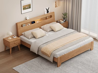 Wooden Double Bed with Headboard Nightstands Cozy Bedding and Window Curtains in Modern Bedroom 3d model