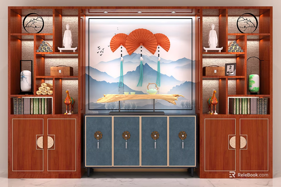 Chinese Style Wooden Storage Cabinet Shelves With Decorative Ornaments And Display Areas 3d model 
