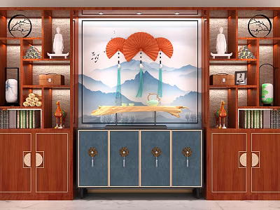 Chinese Style Wooden Storage Cabinet Shelves With Decorative Ornaments And Display Areas 3d model