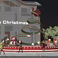 Giant Christmas Tree Balloon Decoration With Gift Boxes And Merry Christmas Sign Outside Building At Night