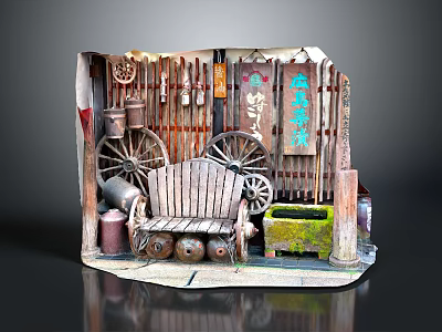 Rustic Vintage Wooden Bench With Old Wheels Buckets Tools And Signs 3d model