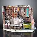 Rustic Vintage Wooden Bench With Old Wheels Buckets Tools And Signs