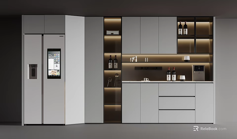 Modern Wine Cabinet In Contemporary Kitchen With Lighted Shelves And Wine Bottles 3d model 