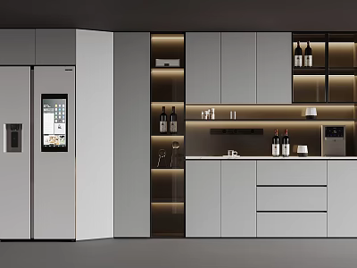 Modern Wine Cabinet In Contemporary Kitchen With Lighted Shelves And Wine Bottles 3d model