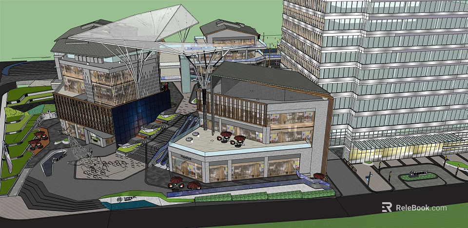 Modern Commercial Landscape Featuring Multi storey Buildings Glass Facades Open Plaza And Pedestrians 3d model 