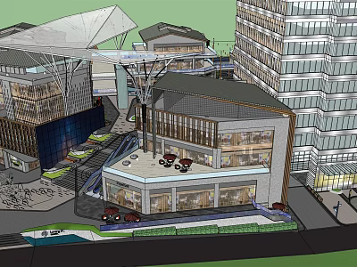 Modern Commercial Landscape Featuring Multi storey Buildings Glass Facades Open Plaza And Pedestrians 3d model