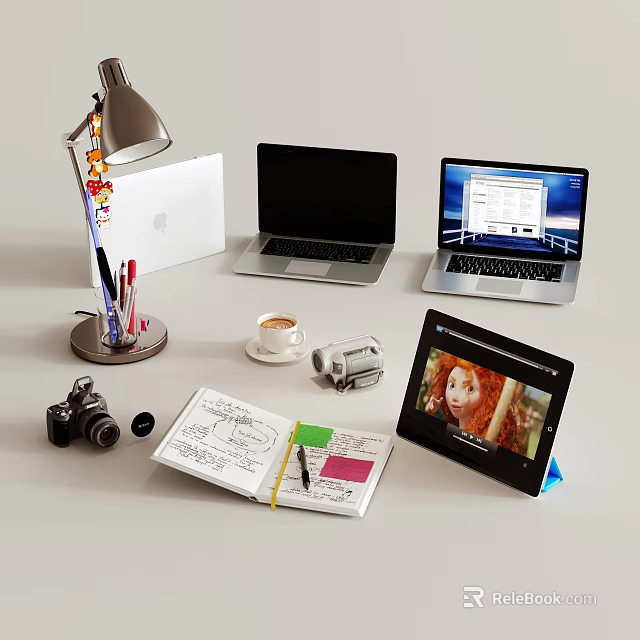 Modern Laptops Display with Lamp Pens Coffee Cup Camera Tablet and Open Notebook 3d model