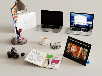 Modern Laptops Display with Lamp Pens Coffee Cup Camera Tablet and Open Notebook 3d model