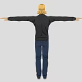 A Man With Blonde Hair Wearing Black Turtleneck And Blue Jeans With Arms Outstretched
