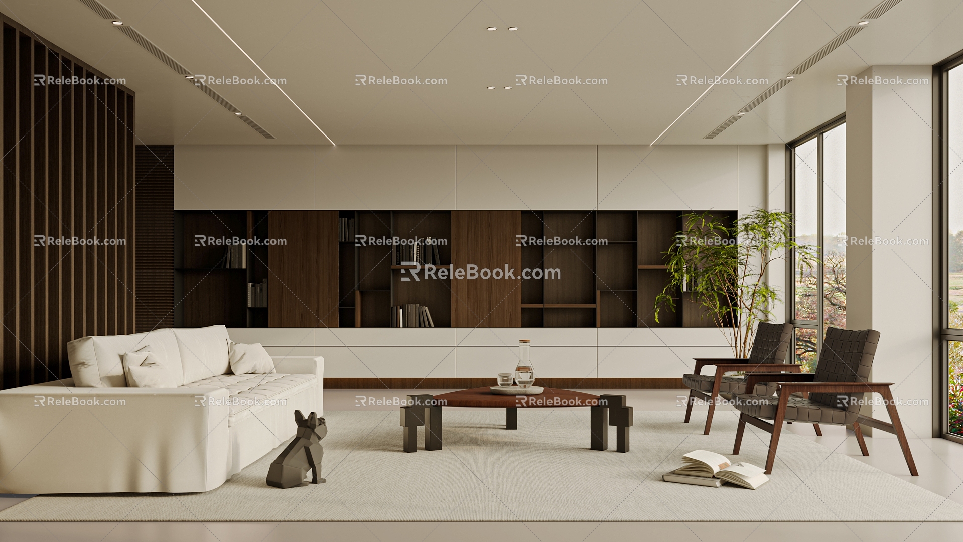 Living Room Sofa Single Chair Coffee Table Curtain Carpet Bookshelf Jewelry Chandelier Hanging Picture 3d model