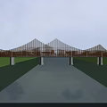 Modern Bridge With Wave like Wooden Structure White Pillars And Green Grass Around Water