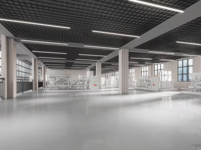 Spacious Industrial Interior Space With Grid Ceiling Long Lights Tall Columns And Large Windows 3d model