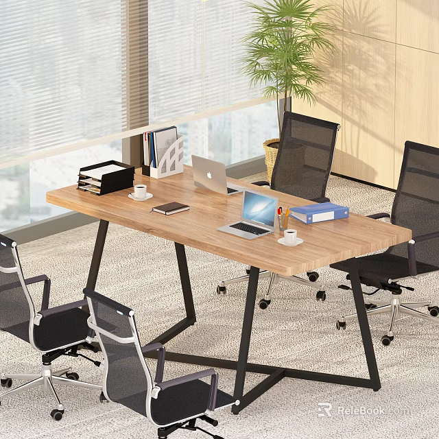 Modern Meeting Room With Wooden Conference Table Black Office Chairs Laptop And Potted Plant 3d model 