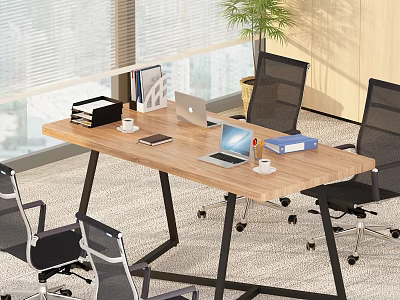 Modern Meeting Room With Wooden Conference Table Black Office Chairs Laptop And Potted Plant 3d model