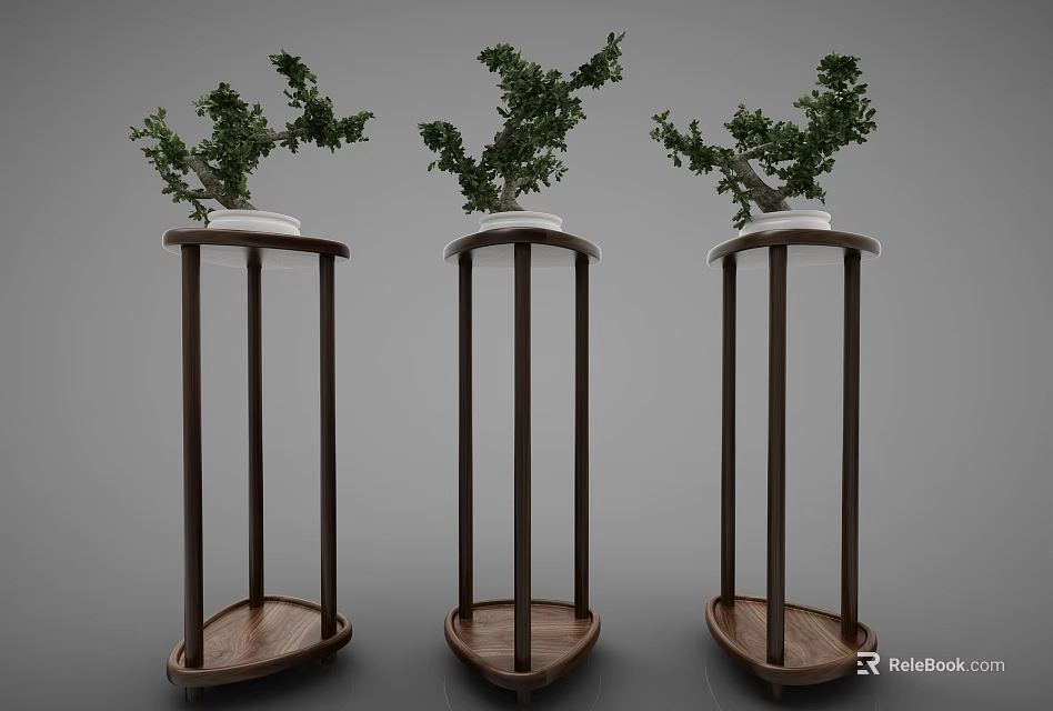 Three Bonsai Plants Displayed on Elegant Wooden Plant Stands with Curved Design 3d model 