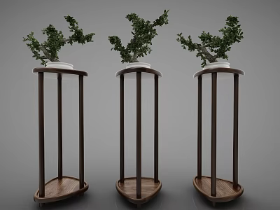 Three Bonsai Plants Displayed on Elegant Wooden Plant Stands with Curved Design 3d model