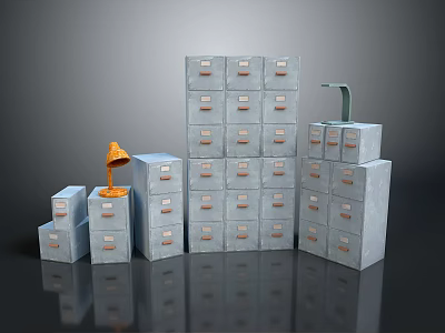 Electronic Appliances Storage With Various Sizes Gray Cabinets And Orange Table Lamp 3d model