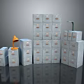 Electronic Appliances Storage With Various Sizes Gray Cabinets And Orange Table Lamp