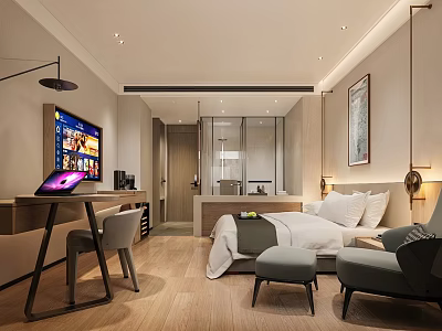 Modern Hotel Guest Room Interior With Comfortable Bed TV Desk Chair And Wooden Floor 3d model