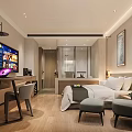 Modern Hotel Guest Room Interior With Comfortable Bed TV Desk Chair And Wooden Floor