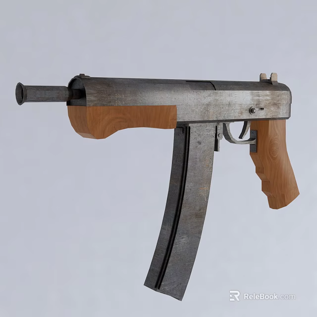 Classic Vintage Submachine Gun With Metal Body Wooden Grip And Long Barrel 3d model 