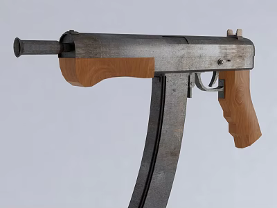 Classic Vintage Submachine Gun With Metal Body Wooden Grip And Long Barrel 3d model