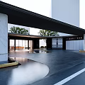 Modern Entrance Gate of White Building with Marble Wall and Black Doors Featuring Golden Logo