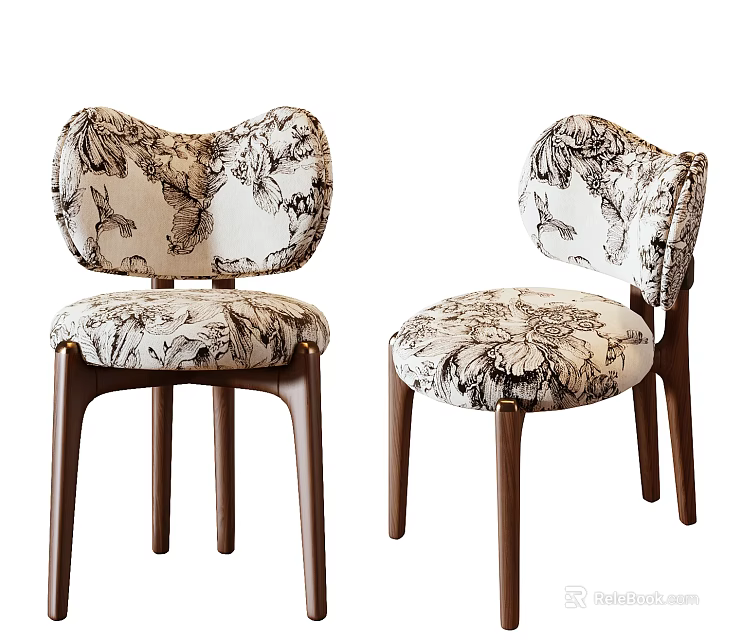 Stylish Dining Chairs With Floral Patterned Fabric And Wooden Legs Design 3d model 