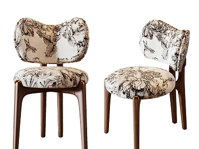 Stylish Dining Chairs With Floral Patterned Fabric And Wooden Legs Design 3d model