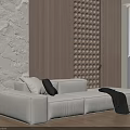 Modern Background Wall Design With Wooden Panels Stone Texture And Circular Holes Near White Sofa