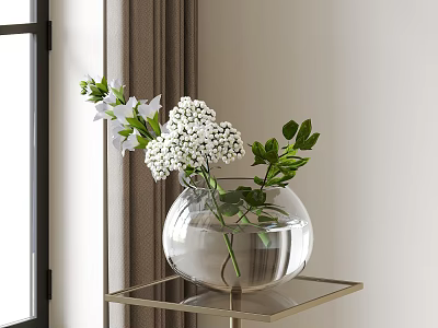 Glass Vase With White Flowers Green Leaves And Water On Metal Table By Window 3d model