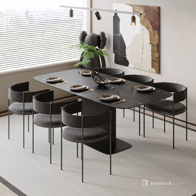 Modern Dining Table Set with Black Marble Top and Six Grey Chairs Green Plant 3d model 