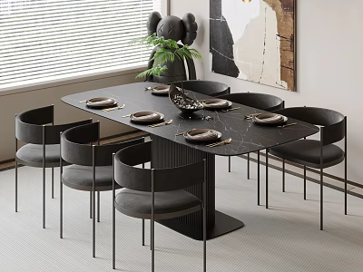 Modern Dining Table Set with Black Marble Top and Six Grey Chairs Green Plant 3d model