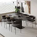 Modern Dining Table Set with Black Marble Top and Six Grey Chairs Green Plant