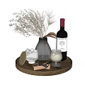 Chic Syrah Wine Bottle And Glass With Dried Flowers Vase Ice Bowl On Wooden Tray