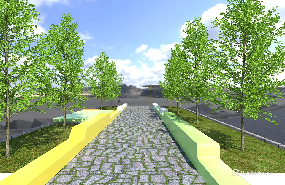 Outdoor Landscape Seats With Yellow And Green Design Along Cobblestone Path And Trees 3d model 
