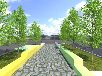 Outdoor Landscape Seats With Yellow And Green Design Along Cobblestone Path And Trees 3d model