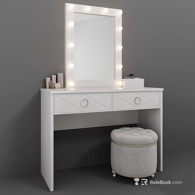 White Dressing Table with Lighted Mirror Drawers Makeup Cosmetics and Padded Stool 3d model 