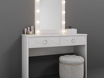 White Dressing Table with Lighted Mirror Drawers Makeup Cosmetics and Padded Stool 3d model