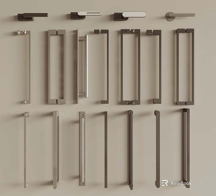 Metal Cabinet Handles In Various Styles Arranged On Light Colored Background 3d model 
