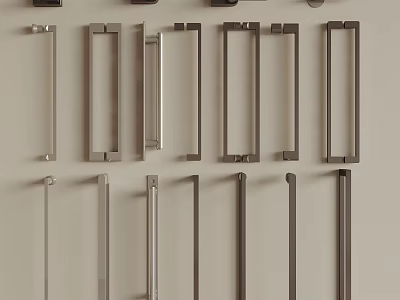 Metal Cabinet Handles In Various Styles Arranged On Light Colored Background 3d model